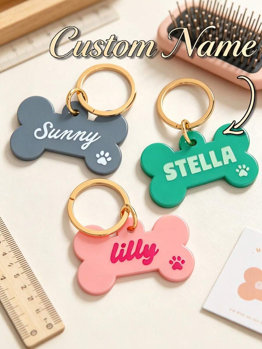 Personalized Text Pet Tag, Customized Bone-Shaped Dog Name Tag, Customized Pet ID Tag; Suitable For Dog Collar; Customizable Text/Name; Suitable For Cats And Dogs - Multicolor - View 1