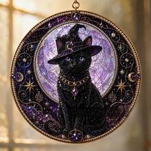 Vintage Mystical Black Cat Round Acrylic Window Hanging Light Catcher, Witchy Suncatcher, Home Window Decor, Halloween Wall Ornament, Gothic Art Hanging, Aesthetic Room Decor - Multicolor - View 7