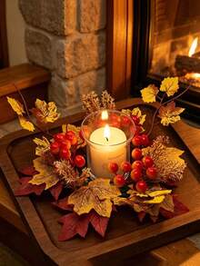 Autumn Candle Wreath With Artificial Maple Leaves And Red Berries, Mixed Autumn Colors Tabletop Candle Holder Decoration, Yellow Orange Red Color Scheme, Round Candle Wreath, Suitable For Christmas, Thanksgiving, Wedding, Home, Dining Table And Party Decoration - Multicolor - View 2