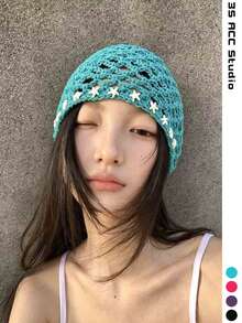 女款星星鏤空針織帽，夏季薄款手工鉤編頭巾，手工編織帽，秋冬鏤空手工鉤編頭巾，四季透氣鏤空頭巾，修臉式套頭帽附寶石吊墜，歐美Ins風，俏皮可愛，小眾品牌設計師風，星星頭巾，春夏新品 - 海星點綴 - 查看 2