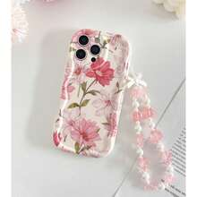 Wavy Edge Pink Floral Print Phone Case With Pearl Pink Rose Beaded Lanyard, Full Coverage Anti-Drop Soft Shell, INS Gentle Vintage Girly Style, Compatible With IPhone 18 Pro/18 Pro Max/17/17 Pro/17 Pro Max/16/16 Pro/16 Pro Max/15/15 Pro/15 Pro Max/14/14 Pro/14 Pro Max/13/13 Pro/13 Pro Max/12 Pro Max/12/11 - Multicolor - View 5
