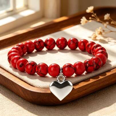 1 pièce Bracelet pendentif cœur argent classique, bracelets élastiques à perles de pierre naturelle multicolore pour femmes, cadeau de bijoux pour couple et Saint-Valentin