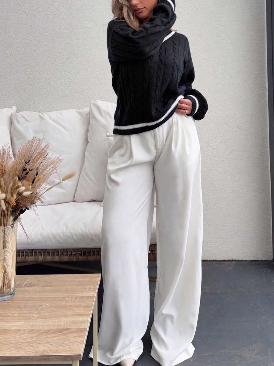 1件青少年女孩休闲户外运动个性街头风V领套头毛衣,保暖加厚,春/秋/冬 - 黑色 - 查看 1