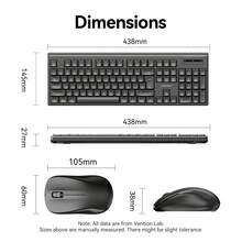 VENTION Kombo Keyboard dan Mouse Nirkabel Senyap, Keyboard Membran 2.4G Ukuran Penuh 104 Tombol dengan Numpad, Mouse Ergonomis Tipis Plug-Play untuk Laptop Desktop PC, Hitam - View 11