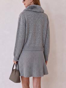 Bộ áo cardigan len cổ lông giả màu xám và chân váy gân cho nữ, thời trang cài nút trước, trang phục thu/đông - Xám - Xem 2