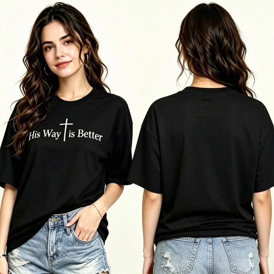 Women's Casual Church T-Shirt, Psalm 23 "His Way Is Better" Verse Print, Cross Design, Crew Neck, Short Sleeve, Top - 黑色 - 查看 1