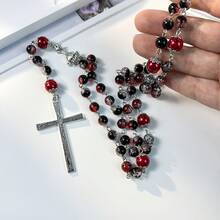 手工紅黑透明裂紋珠天主教玫瑰念珠項鍊，附十字架吊墜，適合女性祈禱、毛衣鍊，靈性禮物 - 黑紅色 - 查看 8