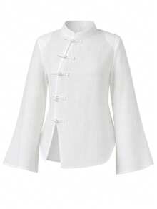 Women's Light Chinese Style Shirt With Frog Buttons And Back Tie Waist - White - View 7