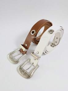 2.5CM Women's Belt With Metal Eyelets Boho Summer Gift - 白色+棕色 - 查看 2