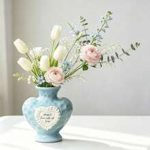 1pc Light Blue Heart-Shaped Ceramic Vase Set, Embossed Heart-Shaped Text Decor Vase, Modern Farmhouse Style Home Living Room Tabletop Centerpiece - Multicolor - View 7