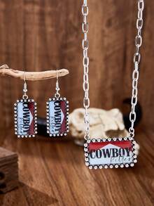 MONLOTTI 1 Set Western Vintage Resin Letter Sticker Jewelry Set, Bohemian Cowboy Letter Rectangular Sticker Earrings Necklace. Versatile Jewelry Set For Cowgirls, Exquisite Gift For Women - Multicolor - View 4
