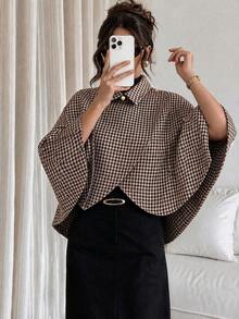 Women's Houndstooth Print Lapel Batwing Sleeve Cape Coat, Elegant Asymmetrical Hem Loose Silhouette Short Jacket, Casual Daily Outerwear Fall - Brown - View 2