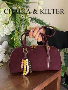 CHAIKA & KILTER 1件裝純色麂皮布料女款單肩包，復古時尚啞光貝殼包，對比色絎縫線條，雙手柄設計，拉鍊開合，適合日常與街頭使用（含吊飾） - 酒紅色 - 查看 5