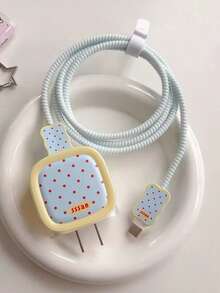 1 Set Pastel Yellow, Light Blue & Red Polka Dot Charging Cable Protector Set, Compatible With Apple 20W/18W Charger Head, Protector, Anti-Fall, Cable Organizer, Compatible With IPhone 17 16 15 14 13 12 11 20W Charging Adapter - Multicolor - View 2
