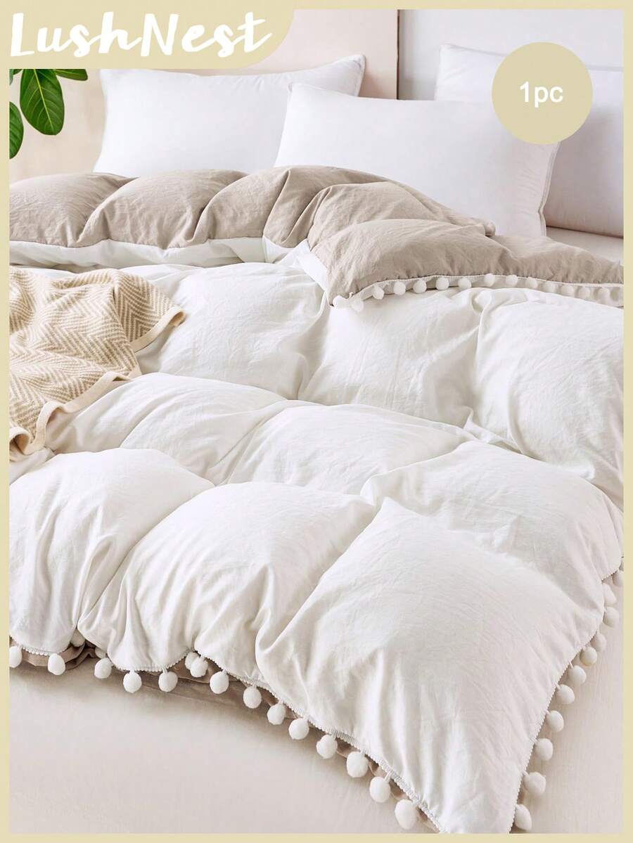 1pc Color Blocked Single Duvet Cover, White Front, Close Fitting Camel Color, Paired With Chromosphere Bedding -1 Down Duvet Cover (Without Core), Soft Polyester Fiber, Breathable And Machine Washable, Bohemian Style - White - View 1