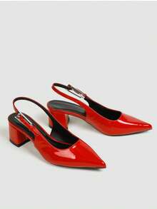 Fashionable Pointed Toe Chunky Heel Shoes With Back Strap, Women's Ankle Buckle Dress Pumps, Suitable For Evening Party And Daily Wear - Red - View 3