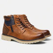 Men's Vintage Work Boots, Multi-Color Patchwork Design Upper, Inner Zipper, Non-Slip Wear-Resistant Rubber Sole, Commuting Hiking Ankle Boots - Brown - View 7