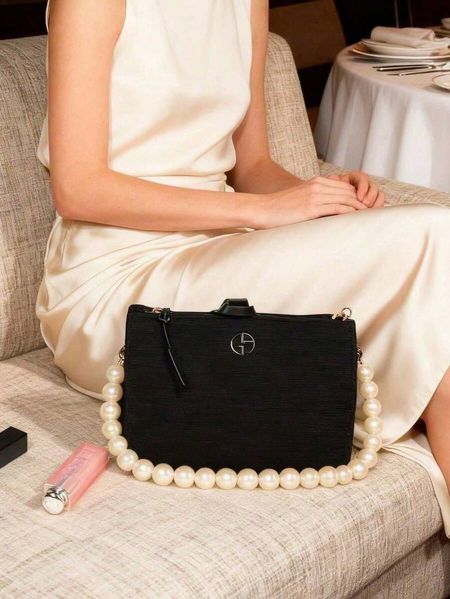 Armani New Black Evening Bag With Pearl Shoulder Strap, Original Design, Multifunctional One Shoulder Handbag, Fits Phone, Holiday Birthday Anniversary Gift - Black - View 1