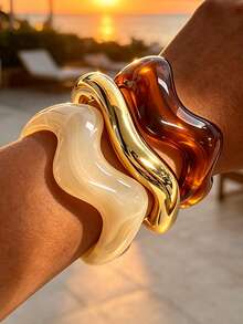 3/1pc Bohemian Style Minimalist Casual Women's Wavy Acrylic & CCB Material Brown Open Bangle Bracelet Set, Suitable For Vacation, Dating, Gift, Daily Wear, Stackable - Multicolor - View 1