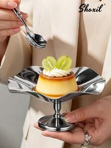 shoxil 1 pièce Tasse à dessert en métal en forme de feuille de lotus, bol de service à pied en acier inoxydable poli, plateau décoratif à pied haut, convient pour les desserts, les fruits, les amuse-gueules, parfait pour la table basse du salon et les hôtes de fêtes à la maison - Tasse - Voir 2