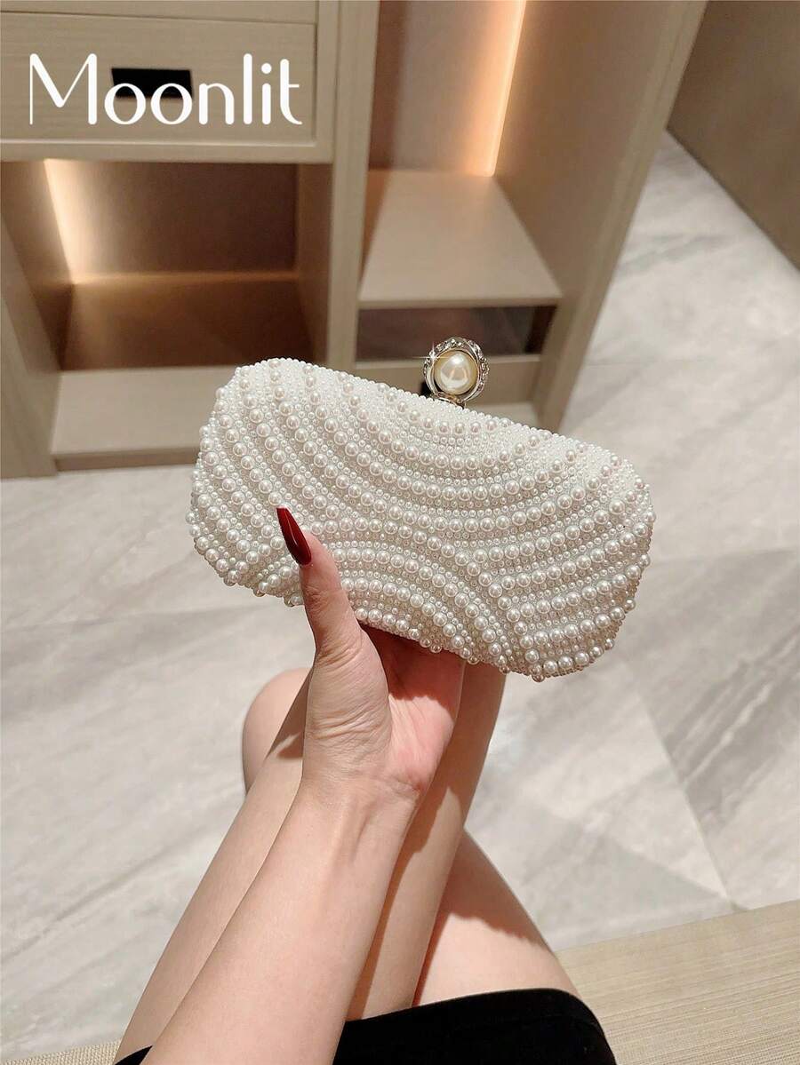 1 件优雅仿珍珠盒形晚宴手拿包，白色浪漫婚礼派对手提包奢华水钻装饰晚礼服包，正式派对斜挎链条包，与新年服装完美搭配，与女士派对礼服完美搭配，时尚派对包，派对、婚礼、舞会、晚宴/宴会、婚礼必备物品的完美搭配，与毕业礼服、舞会礼服完美搭配