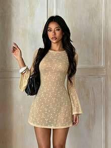 Autumn Solid Color Textured Fabric Backless Dress, Elegant Dress For Party And Date - Khaki - View 2