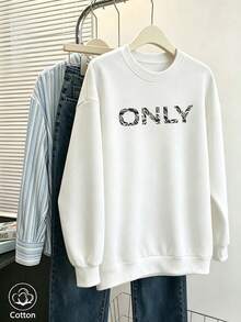 Women's Crew Neck Sweatshirt, Travel Pullover, Cotton Top, Women's Autumn/Winter Basic Sweatshirt - White - View 3