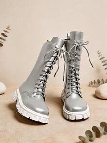 1 Pair Silver Fashion Vintage Kids Tall Boots, Comfortable PU Material, Shiny Lace-Up Side Zipper Design, Durable Thick Sole Height-Increasing Riding Boots For Girls, Suitable For Daily School, Holidays, Vacation, Versatile, Autumn/Winter New Style - Silver - View 7