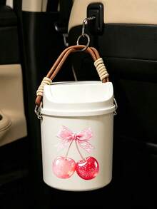 Cute Bowknot Cherry Print Swing Lid Car Trash Can, Kawaii Hanging Waste Bin, Multifunctional Desktop Sundry Storage Bucket, Makeup Brush Holder, Portable Organizer Container For Vehicle Interior Decor - A - View 4