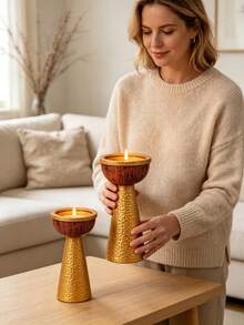 1 Piece Classic Tall Column Candle Holder, Handcrafted Textured Candlestick Ornament For Indoor Home Party Holiday Arrangement - Gold Pedestal Candle Holder - View 4