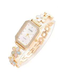 JUSMI 1pc/Set Teen Girls Floral Rhinestone Square Watch, No Box, Elegant Student Wristwatch For School, Holiday, Festival - Gold - View 5