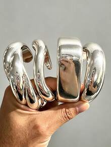 4/1pc Vintage Fashion Punk Style Silver CCB Wavy Twisted Open Cuff Bracelet Set, Suitable For Women's Daily Casual, Party, Vacation, Layering - Silver - View 7