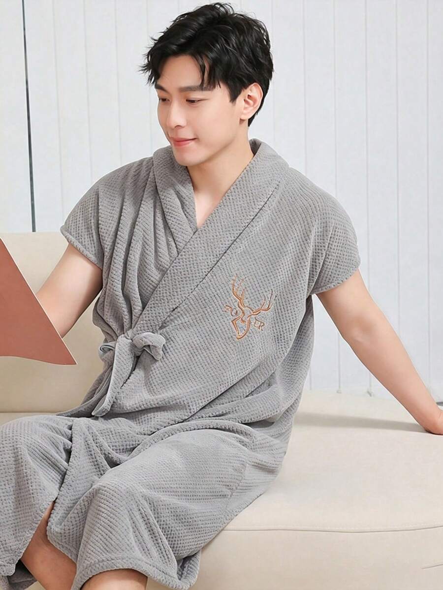 1 Pc Men's Lightweight Kimono Robe Japanese Bathrobes Breathable Fabric,Soft Fluffy Absorbent Fleece Robe - Sleeveless Tie-waist Bathrobe - View 1