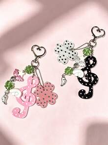 2pcs/Set Ins Korean Vintage Lucky Four-Leaf Clover Polka Dot Musical Note Striped Wing Keychain & Key Ring, Sweet Cute Pendant Bag Charm, Back To School Backpack Car Key Gift For Girlfriend Best Friend Birthday Small Present - Polka Dot Music Notes - View 7