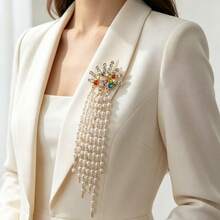1pc Colorful Rhinestone & Faux Pearl Tassel Brooch, Long Draping Faux Pearl Chain Pin, Elegant Suit & Dress Accessory, Women's Jewelry Gift - Long Tassel - View 2