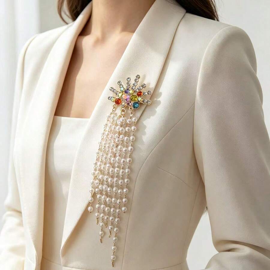 1pc Colorful Rhinestone & Faux Pearl Tassel Brooch, Long Draping Faux Pearl Chain Pin, Elegant Suit & Dress Accessory, Women's Jewelry Gift