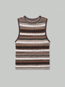 ACKCER Women's Spring/Autumn Mixed Brown & White Horizontal Striped Hollow Round Neck Fitted Sleeveless Knit Vest - Multicolor - View 2