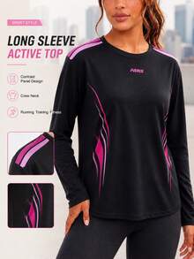 Women's Long Sleeve Active Top Crew Neck Contrast Panel Athletic Shirt For Running Training Gym Workout Black Pink - Black - View 2