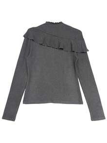 2-In-1 Layered Ruffle Trim Long Sleeve Fitted Slimming Solid Color Minimalist T-Shirt Top For Early Autumn - Grey - View 2
