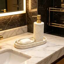 Sandstone Bathroom Accessory Set, Rhombus Grid Embossed Pattern, Countertop Decor Kit, Includes Soap Dispenser, Soap Dish, Storage Tray - Yellow Sand Plaid Suit - View 1