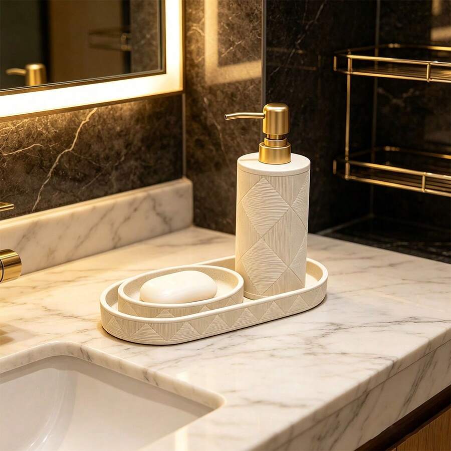 Sandstone Bathroom Accessory Set, Rhombus Grid Embossed Pattern, Countertop Decor Kit, Includes Soap Dispenser, Soap Dish, Storage Tray - Yellow Sand Plaid Suit - View 1