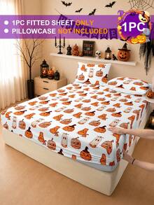 1pc Halloween And Thanksgiving Ghost Pumpkin Print Fitted Sheet, Silent Non-Slip, Machine Washable, Durable And Easy To Care, All Season Use, Suitable For Multiple Bed Sizes, Home, Dorm, Apartment, Guest Room, Rental, Bedroom Decor And Holiday Gift - Multicolor - View 3