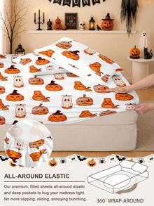 1pc Halloween And Thanksgiving Ghost Pumpkin Print Fitted Sheet, Silent Non-Slip, Machine Washable, Durable And Easy To Care, All Season Use, Suitable For Multiple Bed Sizes, Home, Dorm, Apartment, Guest Room, Rental, Bedroom Decor And Holiday Gift - Multicolor - View 5