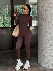 NOIRLYN Fall Winter Women's Round Neck Long Sleeve Jumpsuit Sexy Fitted Skinny Sports Unitard For Gym Workout - Brown - View 9