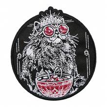 1pc Dark Style Cat Iron-On Embroidered Patch, Red Fashion Glasses Cherry Persian Cat Patch, Clothing Backpack DIY Decorative Embroidery Label - A - View 1