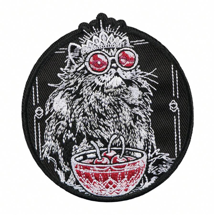 1pc Dark Style Cat Iron-On Embroidered Patch, Red Fashion Glasses Cherry Persian Cat Patch, Clothing Backpack DIY Decorative Embroidery Label - A - View 1
