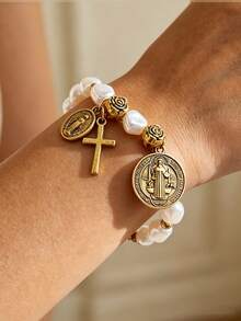 1pc Beaded Flower Cross Virgin Mary Charm Bracelet, Fashionable Vintage Style, Suitable For Daily Wear, Jewelry Gift - Cross Bracelet 1 - View 4