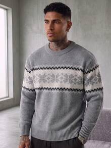 Men's Casual Versatile Plaid Jacquard Crew Neck Long Sleeve Knit Sweater, Korean Style, Suitable For Autumn And Winter - Grey - View 4
