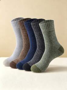 5 Pairs Men's Thick Terry Cushioned Mid-Calf Socks, Heathered Color Block, Warm Reinforced Work Socks, Moisture-Wicking For Outdoor Hiking - Multicolor - View 4