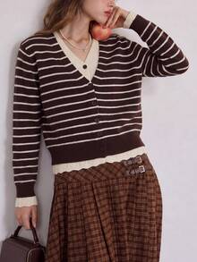 Women's Autumn Casual Elegant Classic Striped 2 In 1 Knit V-Neck Cardigan - Coffee Brown - View 4